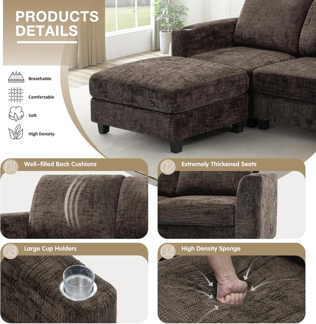 87" Chenille 3 Seater Couch with Soft Ottoman, L-Shape Sectional Sofa with Durable Cup Holders, Upholstered Sofa with Comfy Backrests for Living Room, House, Brown