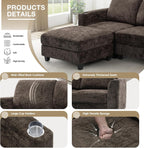 87" Chenille 3 Seater Couch with Soft Ottoman, L-Shape Sectional Sofa with Durable Cup Holders, Upholstered Sofa with Comfy Backrests for Living Room, House, Brown