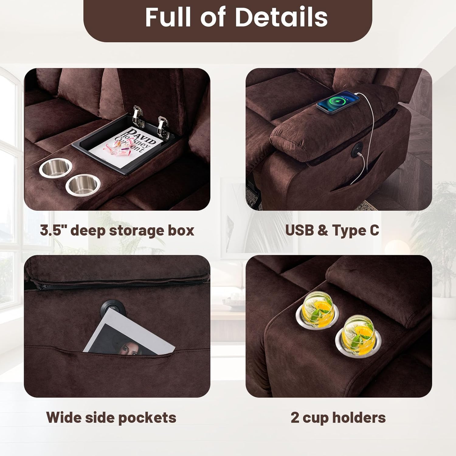 Power Reclining Loveseat with Console, Electric Double Recliner with USB/Type C/Side Pocket/Cup Holders, RV Recliners Wall Hugger Reclining Loveseat for Living Room & RV & Home Theater