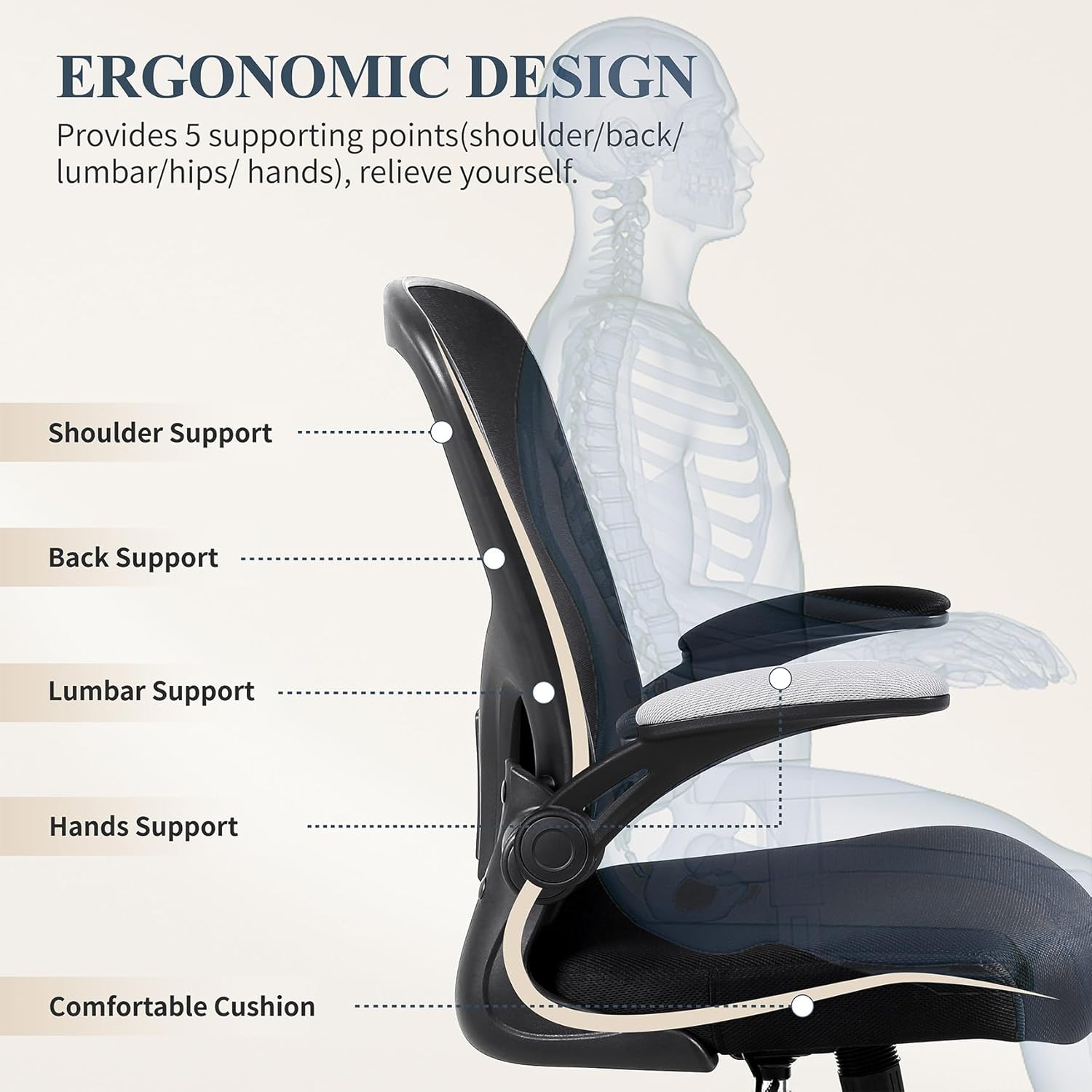 Flysky Ergonomic Home Office Desk Chair Set of 8 - Lumbar Back Support, Breathable Mesh Swivel Computer Task Chair with Wheels and Flip-up Arms, Height Adjustable, Black