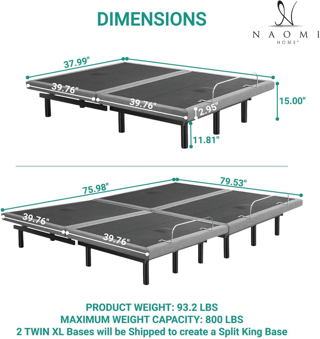 Naomi Home Idealbase Split King Adjustable Bed Base with Massage, USB Ports, Under-Bed Light, Wireless Remote, 800 Lb Capacity, Gray Metal Frame, Easy Setup for Couples' Personalized Comfort