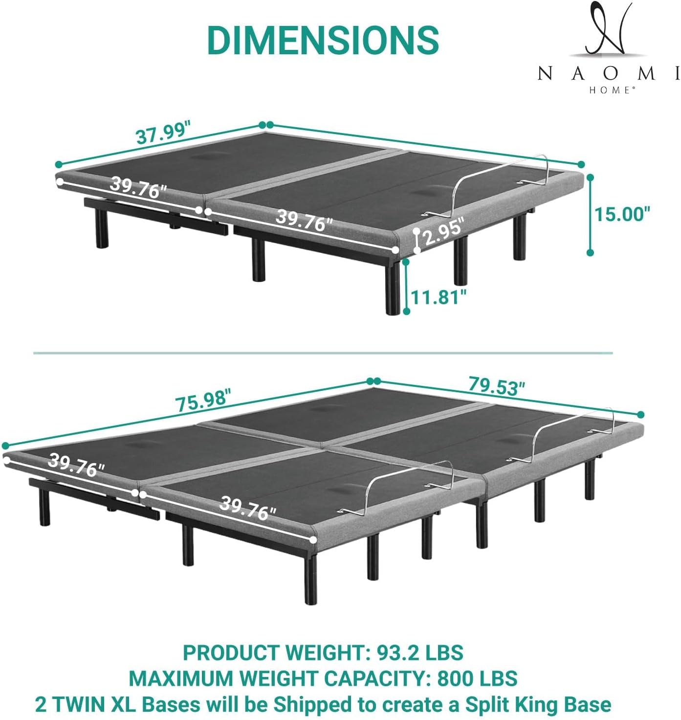 Naomi Home Idealbase Split King Adjustable Bed Base with Massage, USB Ports, Under-Bed Light, Wireless Remote, 800 Lb Capacity, Gray Metal Frame, Easy Setup for Couples' Personalized Comfort
