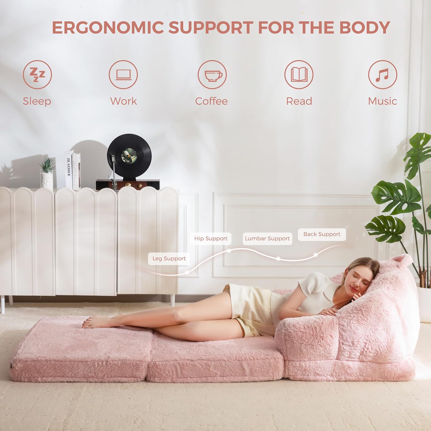 MAXYOYO Folding Sofa Bed, 2 in 1 Convertible Sofa to Lounger Comfy Single Bean Bag Chair for Adults, Floor Sleeper Couch with Handle, Faux Fur Couch Bed for Living Room Bedroom, Pink