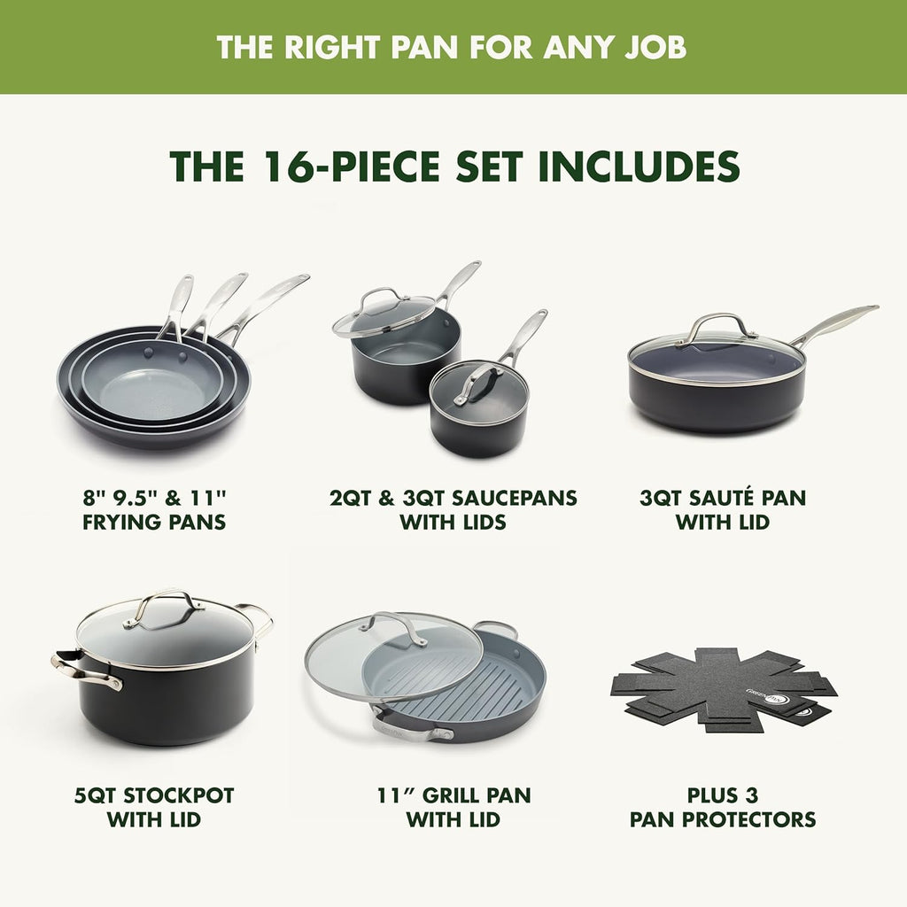 GreenPan Valencia Pro Ceramic Nonstick 16 Piece Cookware Set, Hard Anodized PFAS-Free Pots & Pans, Induction Ready, Compatible on All Cooktops, Dishwasher Safe, Oven Safe to 600F, Gray