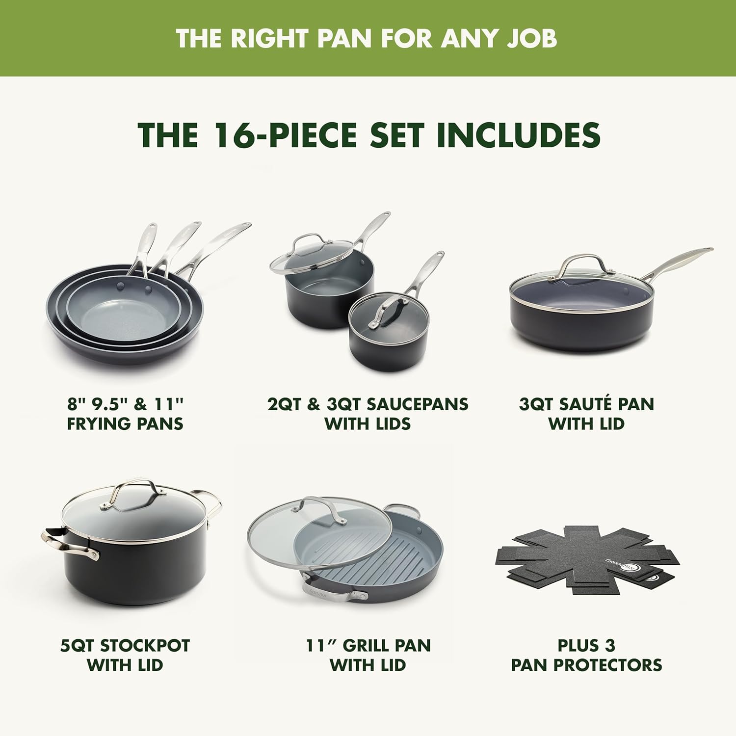 GreenPan Valencia Pro Ceramic Nonstick 16 Piece Cookware Set, Hard Anodized PFAS-Free Pots & Pans, Induction Ready, Compatible on All Cooktops, Dishwasher Safe, Oven Safe to 600F, Gray