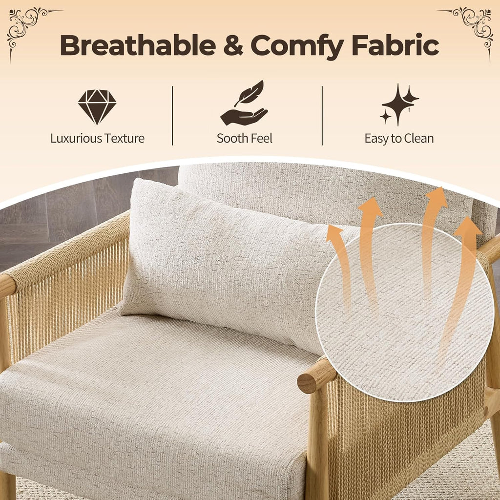 Karl home Cozy Chenille Accent Chair with Lumbar Pillow & Rattan Arms Modern Lounge Chair for Living Room, Bedroom, Reading Nook, Gray