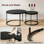 Nesting Coffee Table Set of 2, 27.6inch Round Coffee Table Wood Marble Pattern Top with Sturdy Metal Frame, End Table Side Tables for Living Room Bedroom Balcony Yard (Black),CFT2601
