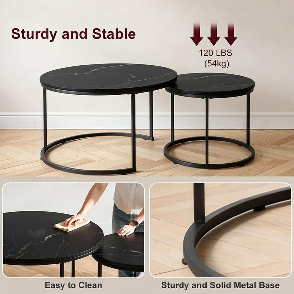 Nesting Coffee Table Set of 2, 27.6inch Round Coffee Table Wood Marble Pattern Top with Sturdy Metal Frame, End Table Side Tables for Living Room Bedroom Balcony Yard (Black),CFT2601