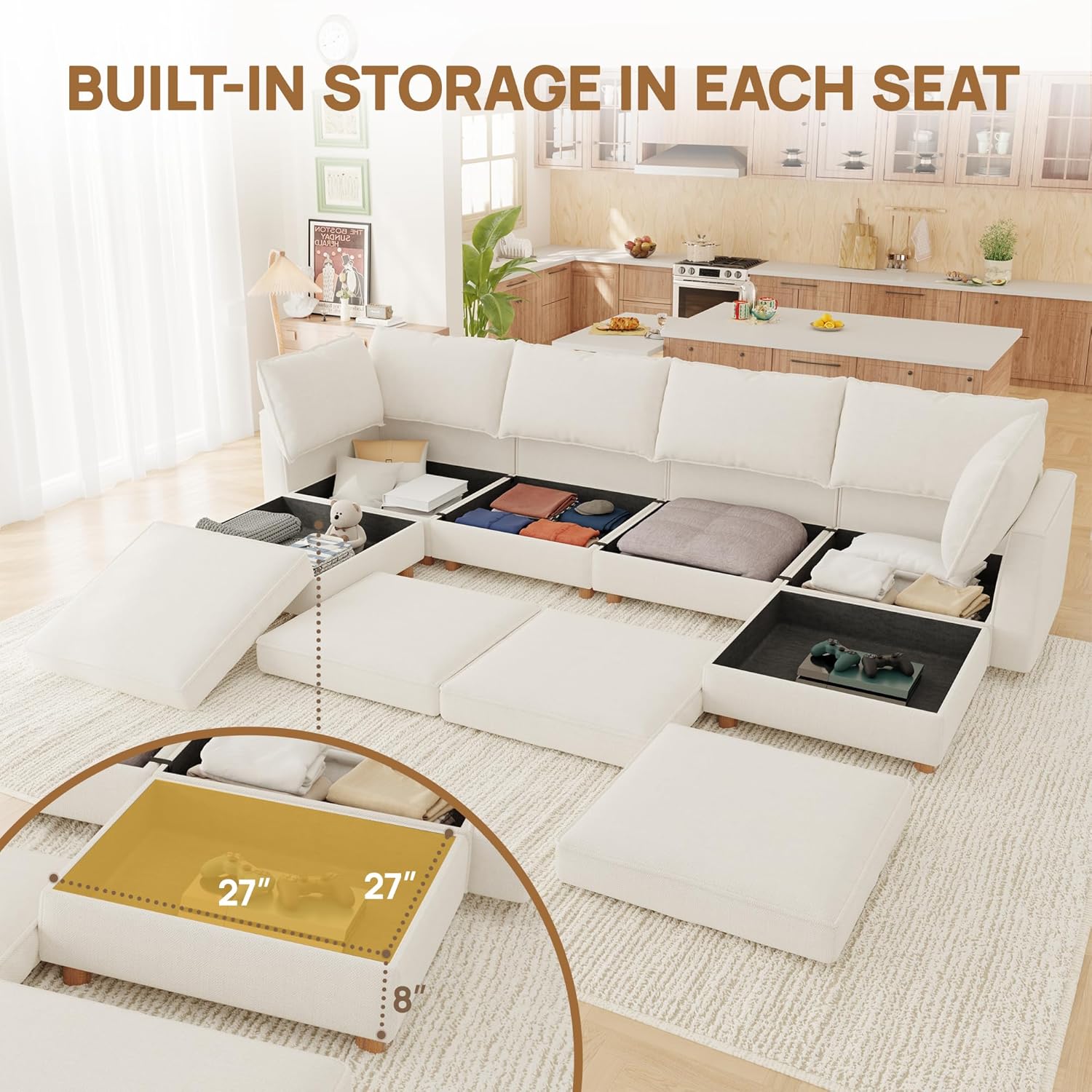 99" Chenille Modular Sectional Sofa Bed Hidden Storage, Convertible L U Shaped Sleeper Couch, 6 Seat Modern Modular Sectional Sofa with Washable Covers & Ottoman Chaise, for Living Room, Beige
