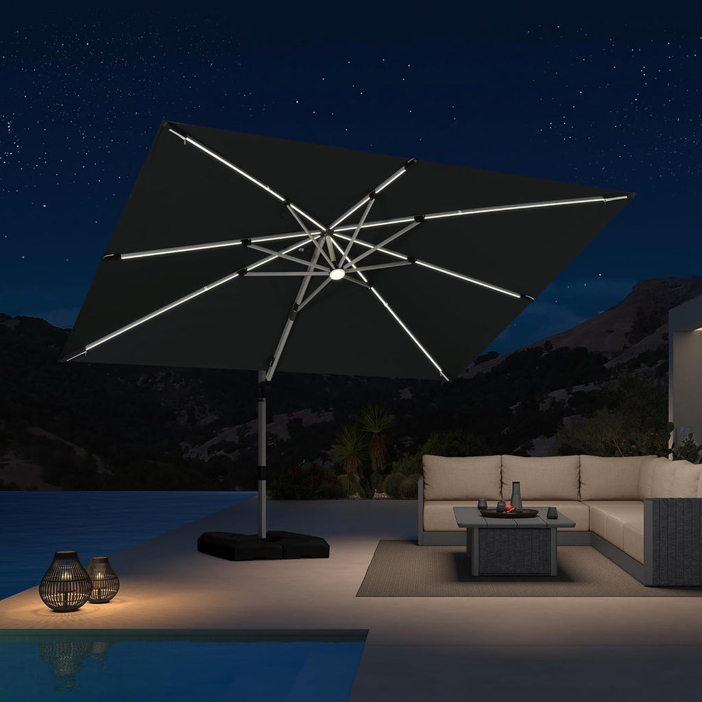 PURPLE LEAF 9' X 12' Patio Umbrella with Lights Outdoor Rectangle Cantilever Umbrella Solar Powered LED with 360-degree Rotation for Garden Deck Pool Patio, Grey