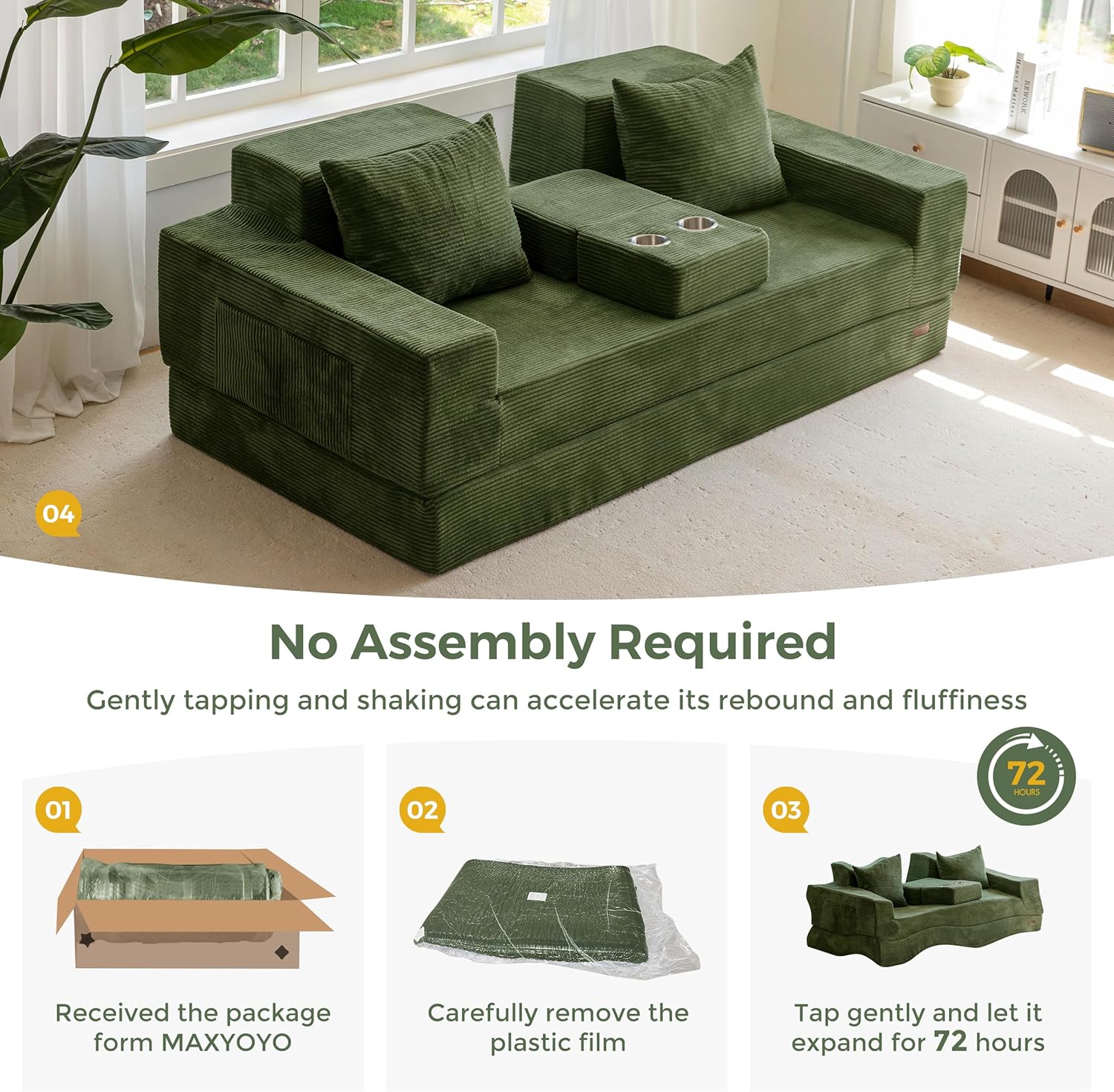 MAXYOYO Convertible Sofa Bed, 80" Oversized Boneless Loveseat Couch 4 in 1 Foldable Floor Sofa Couch in A Box with 2 Cup Holders, Folding Sleeper Chair for Living Room, No Assembly Required, Green