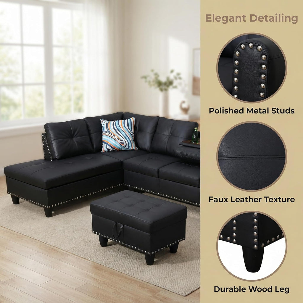 Leather 3-Piece L-Shaped Couches for Living Room, Sectional Sofa with Storage Ottoman & Movable Chaise, Modular Convertible Couch for Bedroom & Apartment, Deep Black