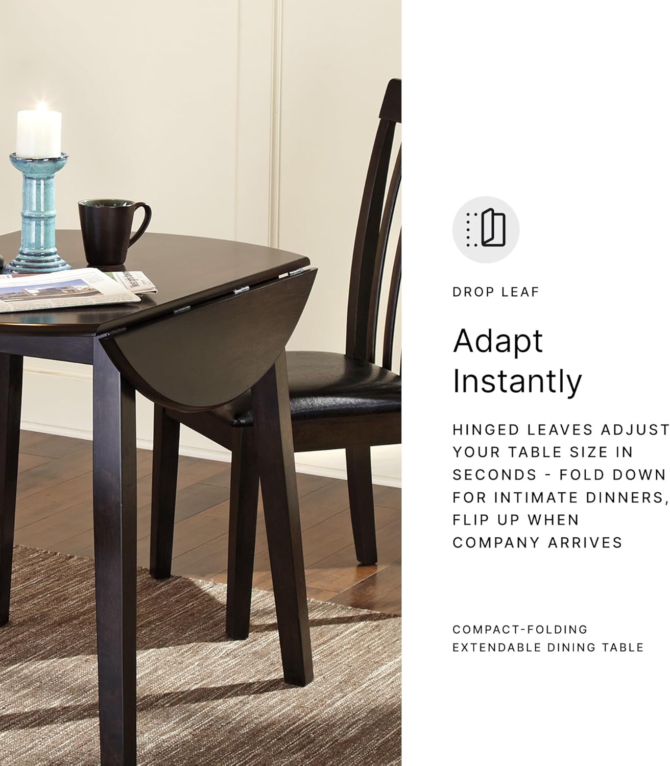 Signature Design by Ashley Hammis Round Dining Room Drop Leaf Table, Seats up to 4, Hinged Drop Leaves, Wood, 36.38" W x 36.38" D x 29.88" H, Dark Brown