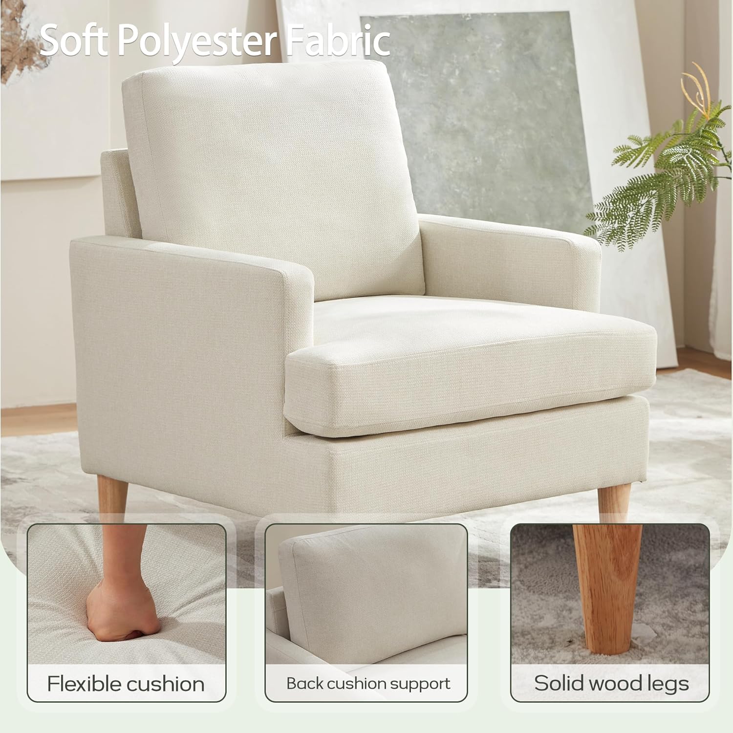 VKNOW Mid-Century Accent Chairs Set of 2, No Tools Assembly Required, Modern Upholstered Polyester Armchairs for Living Room & Bedroom, Comfortable Reading Chairs with Wood Legs, Beige