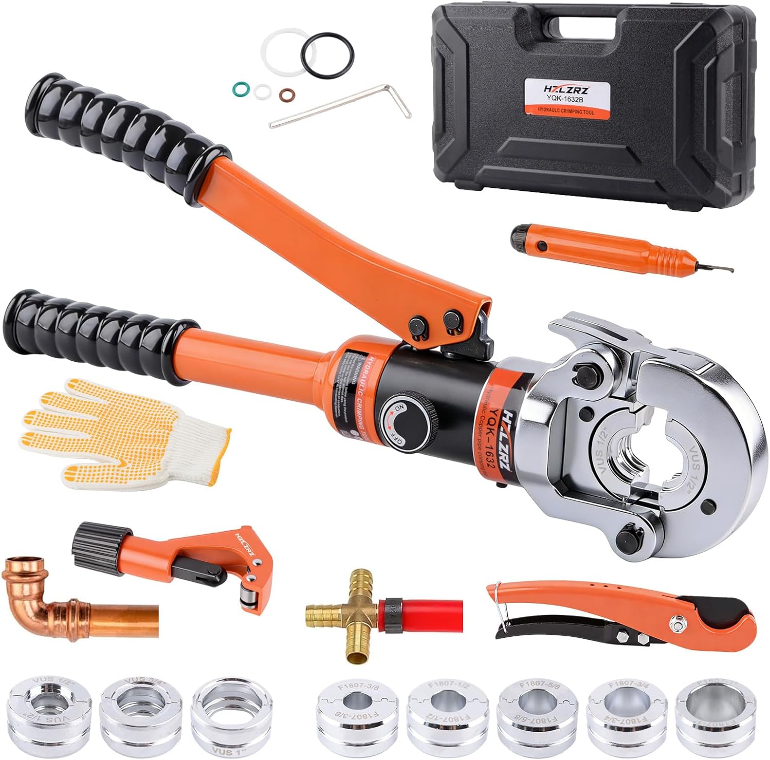 HZLZRZ Pro Press Copper and PEX Pipe Crimper Kit: 8 dies Set with Dies for 1/2" 3/4" 1" Copper Pipe ASTM F1807 PEX Copper Rings (5 Sizes 3/8" to 1"), Professional Tool for Plumbing Systems(YQK/1632B)