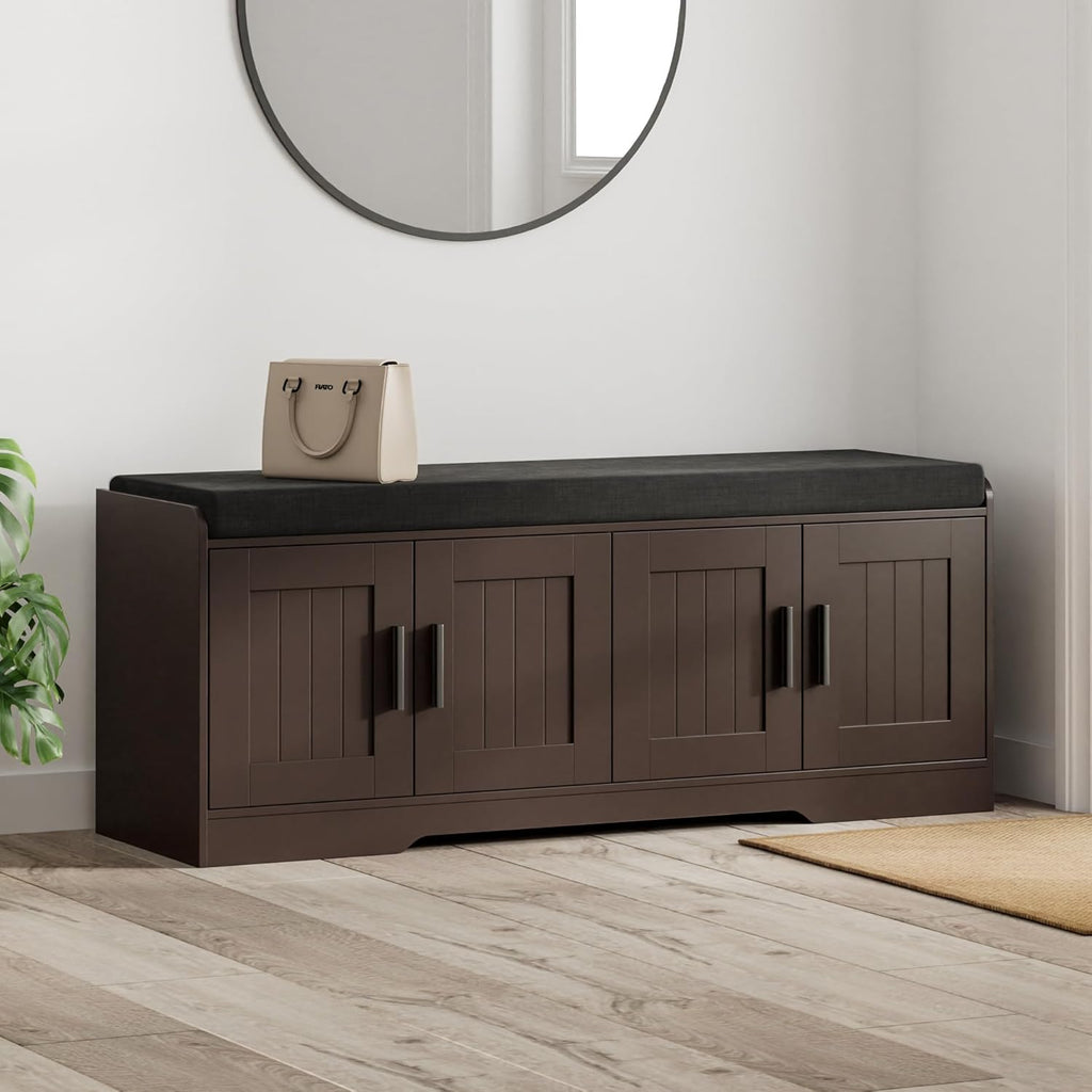 Homleke 2-Tier Storage Bench, Shoe Bench with Thickened Padded Seat Cushion, Entryway Bench with 4 Doors, Adjustable Shelf, 13.8" D x 45.3" W x 18.5" H, for Entryway, Living Room, Bedroom, Brown