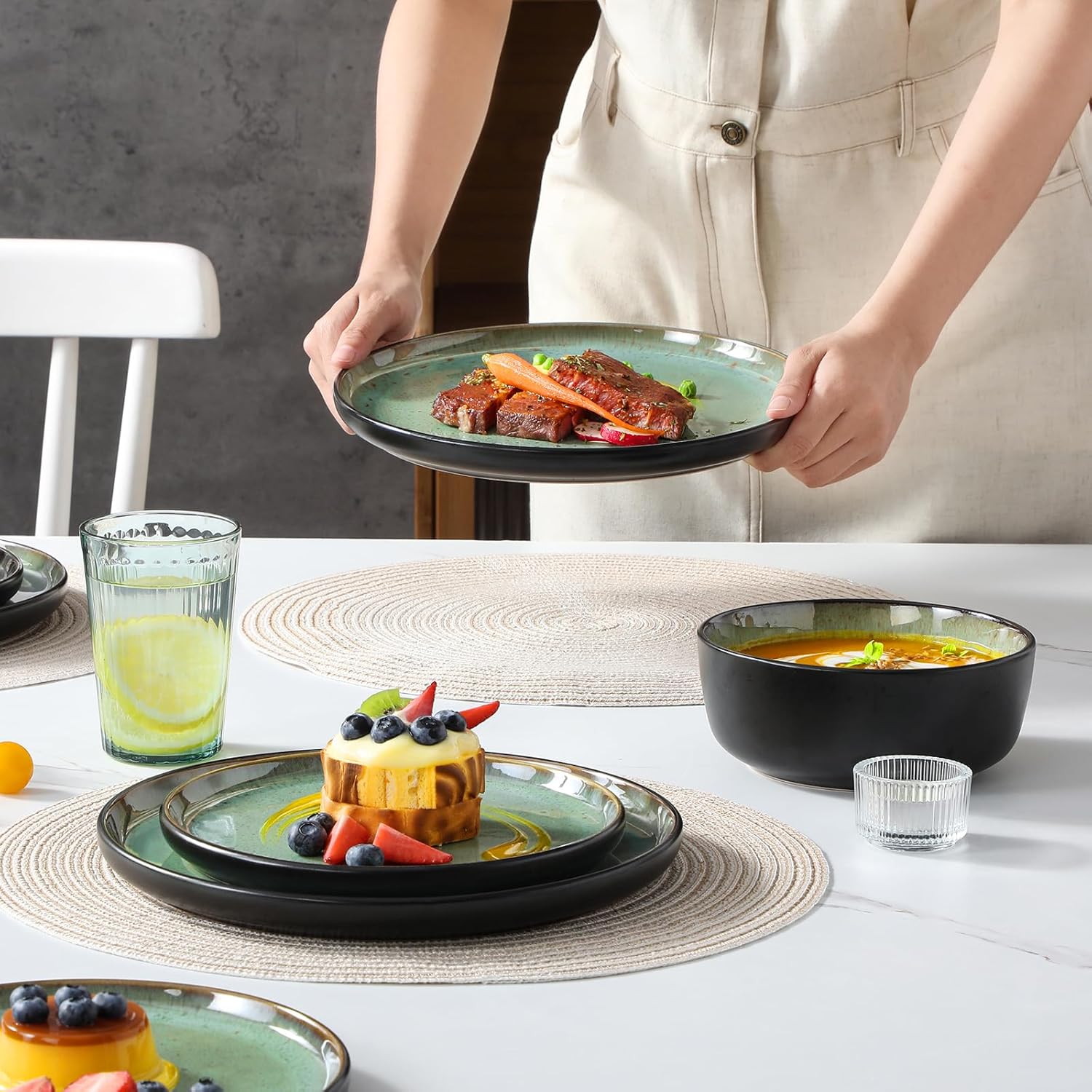 vancasso Plates and Bowls Sets, 18 Pieces Stoneware Dinnerware Sets for 6, Kitchen Dish Set Mircowave and Dishwasher Safe Ceramic Dishware, Turf Green, Series AMBER