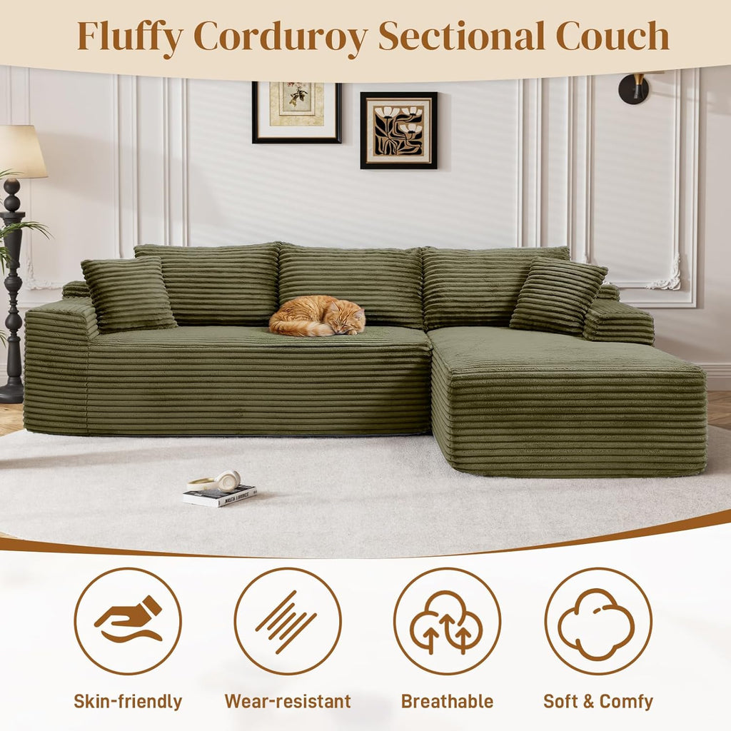 95" Boneless Cloud Sectional Couches for Living Room, Comfy Fluffy L Shaped Memory Foam Deep Seat Boneless Couch, Modular Sectional Sofa with Right Facing Chaise, Olive Green