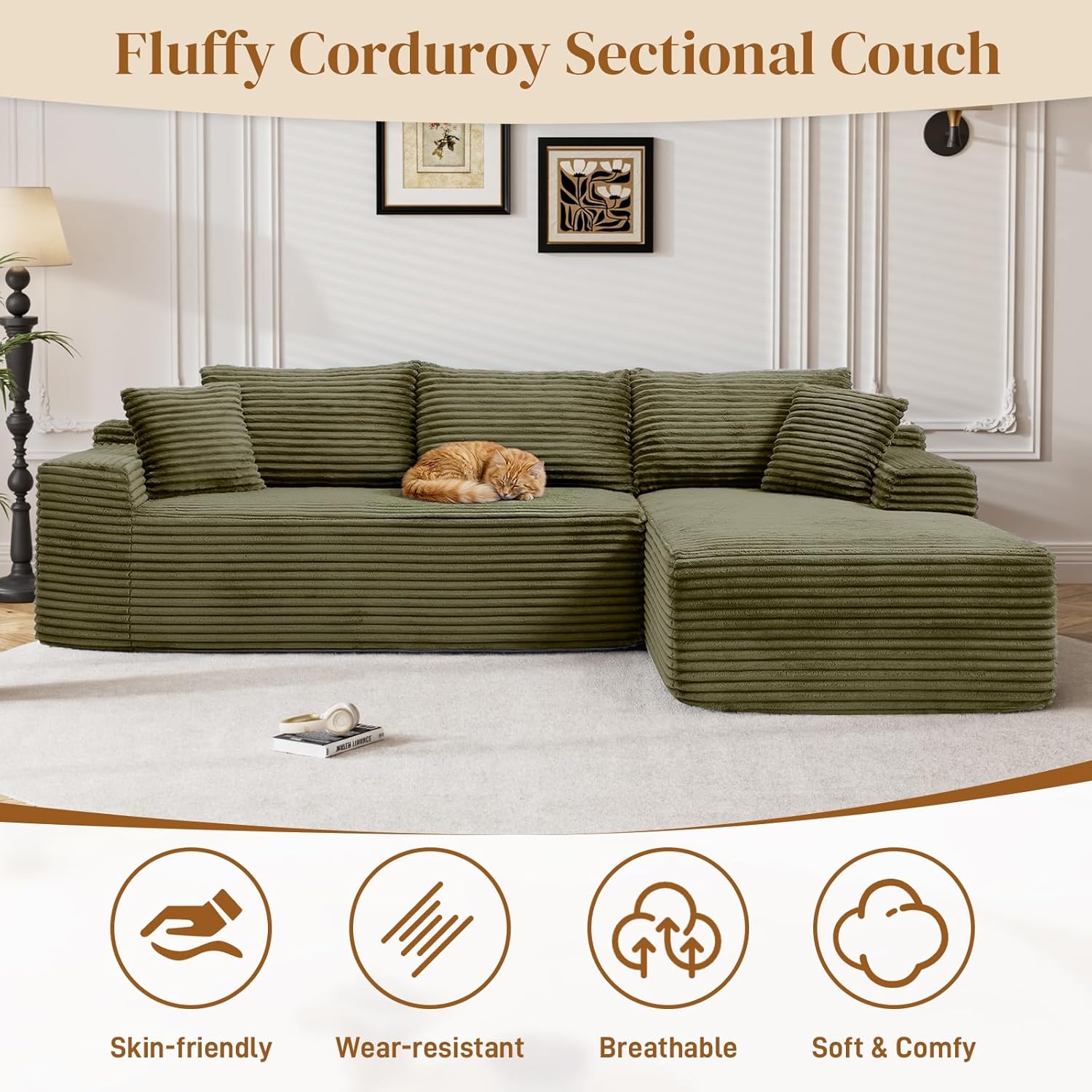 95" Boneless Cloud Sectional Couches for Living Room, Comfy Fluffy L Shaped Memory Foam Deep Seat Boneless Couch, Modular Sectional Sofa with Right Facing Chaise, Olive Green