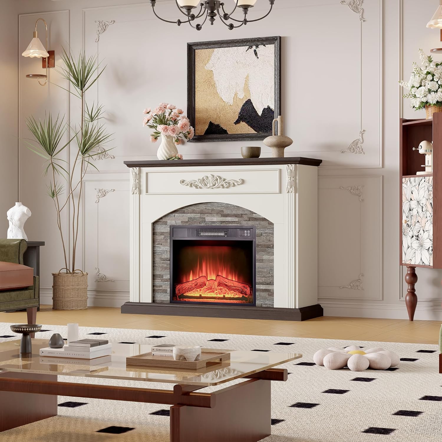 44Inch Electric Fireplace with Mantel, Farmhouse TV Stand with Electric Fire Place Heater, Stacked Stone Surround,White Firebox with 23" Fireplace Insert for Bedroom,Living Room