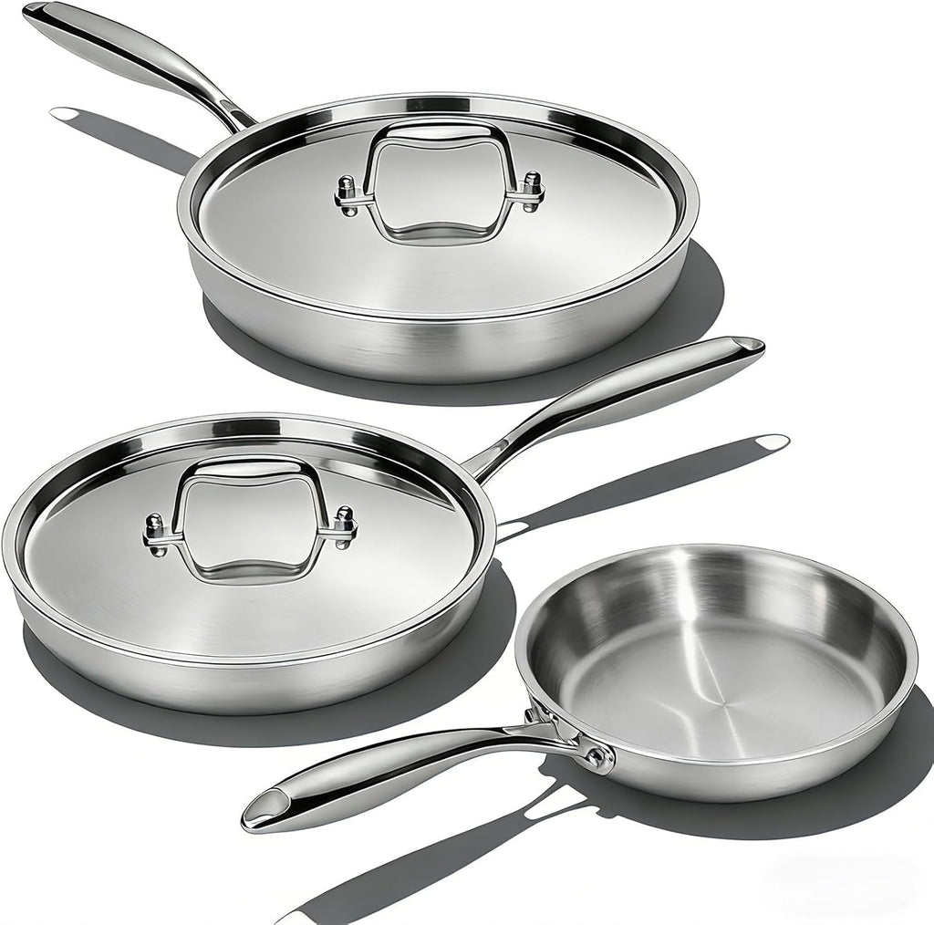 Stainless Steel Frying Pan Set with Lid, Umite Chef 3Pcs Skillet Set (Includes 8",10",12") - 5 Ply Stainless Clad - Heavy Duty & Professional Cookware Set, Fast & Even Heat, Dishwasher and Oven Safe