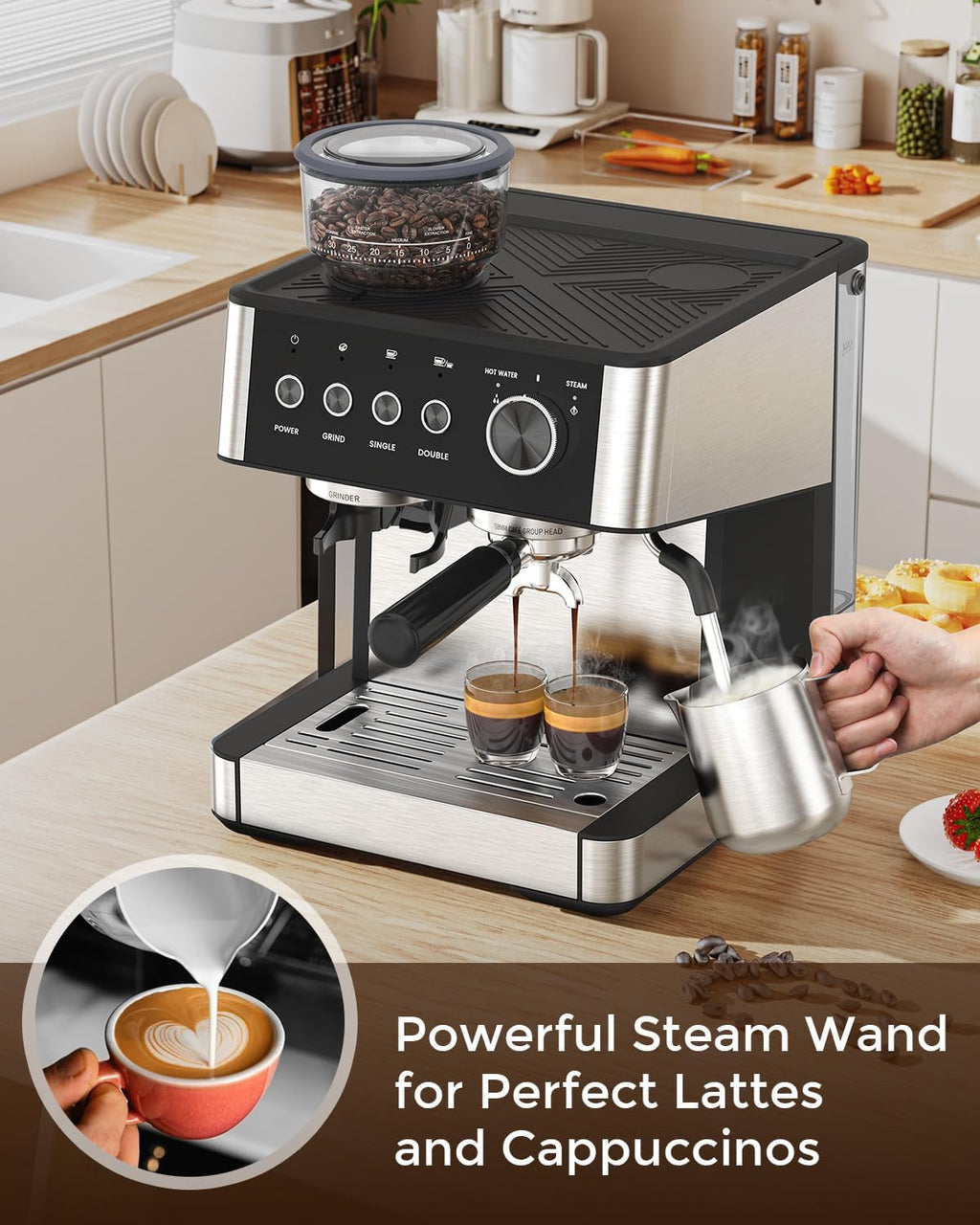 (2026 Upgrade) Espresso Machine with Grinder, 15 Bar Expresso Coffee Machines, Professional Coffee Maker for Latte&Cappuccino with Milk Frother, Expresso Machines for Home Descaling Kit Included Black