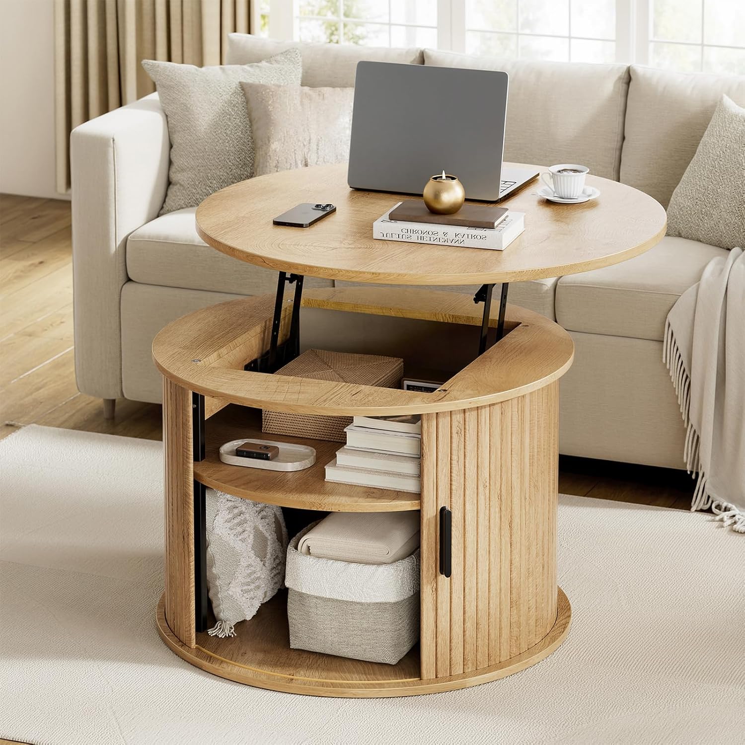 FABATO Round Lift Top Coffee Table, Fluted Wood Accent Coffee Table with Hidden Storage and Open Shelves, Drum Table with Sliding Rolling Door, Small Center Table Dining Table for Living Room, Wood