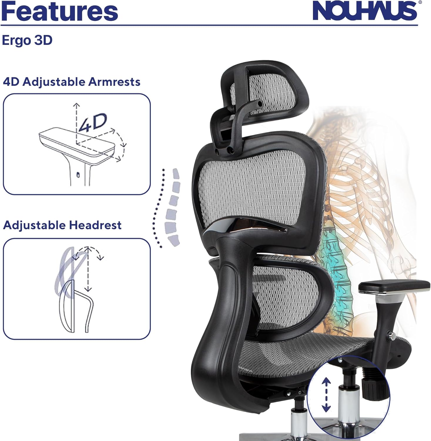 Nouhaus Ergo3D Ergonomic Office Chair Lumbar Support Mesh Office Chair with 4D Adjustable Armrest, Adjustable Headrest and Wheels, Mesh High Back Home Office Desk Chairs (Grey)