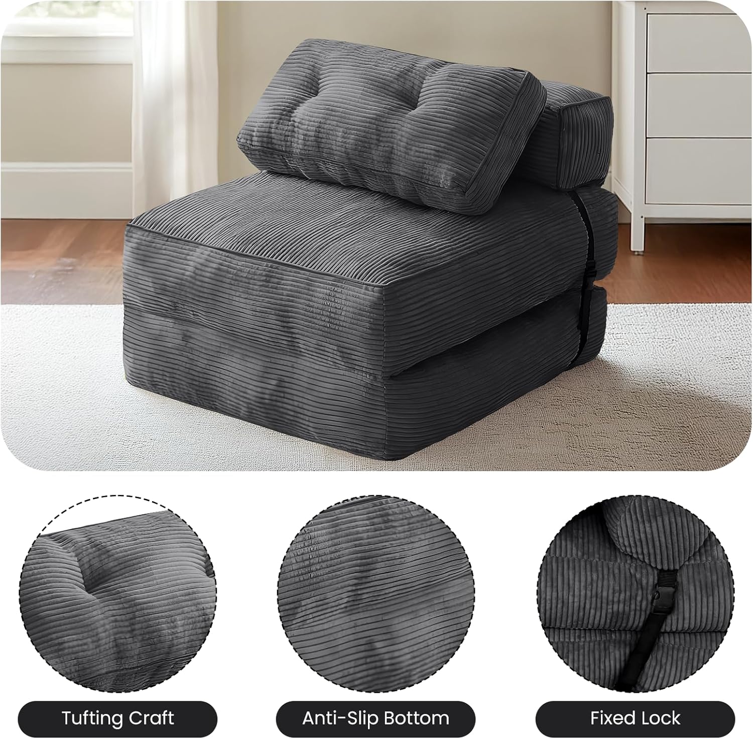 tantohom Folding Sofa Bed, Convertible Sleeper Chair with Pillow Foldable Mattress with Back Support,Space-Saving Sofa for Living Room,Bedroom (Dark Gray)