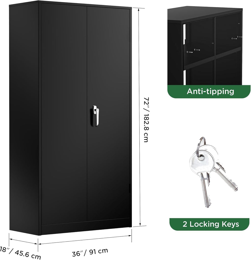 Greenvelly Metal Cabinet with Lock,72" Metal Storage Cabinet with 2 Doors and Adjustable 4 Shelves, Locking Cabinet for Home Office, Garage(36" W x 18" D)