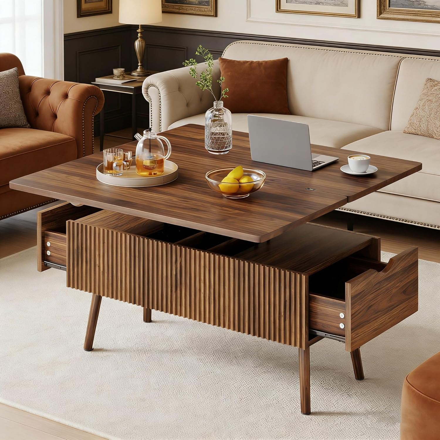 40" Lift Top Coffee Table, 4 in 1 Multi-Function Coffee Tables with Storage Drawers and Lift Tabletop, Mid Century Modern Dining Table Fluted Center Table for Living Room, Walnut