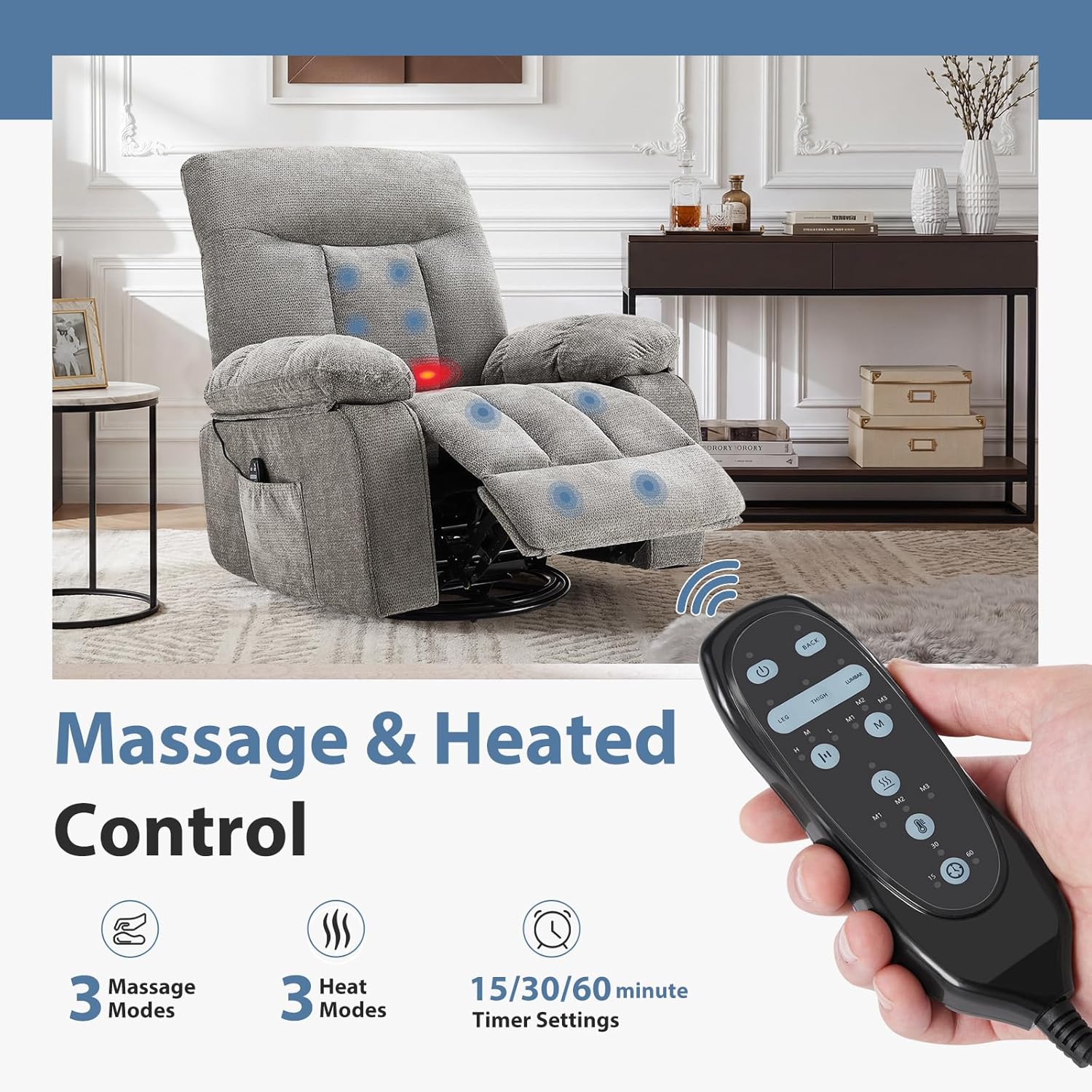 DUMOS Rocker Recliner Chair, Swivel Recliner with Vibration Massage & Lumbar Heating, 270° Rotating Chenille Fabric Recliner with footrest for Living Room & Bedroom, Grey