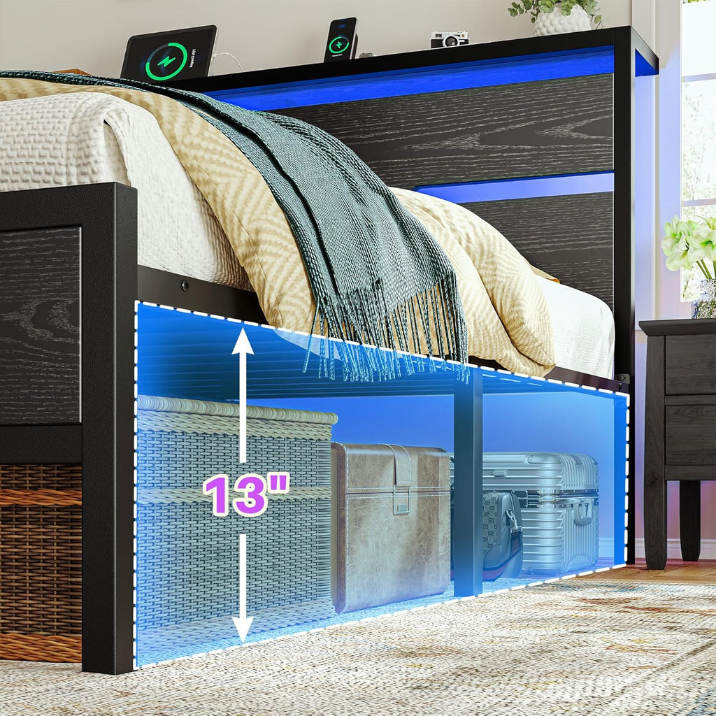 Queen Bed Frame with LED Lights & Charging Station, Bed Frame Queen Size with Headboard,13" Under Bed Storage, Noise-Free Heavy Duty Metal Support, Modern Black