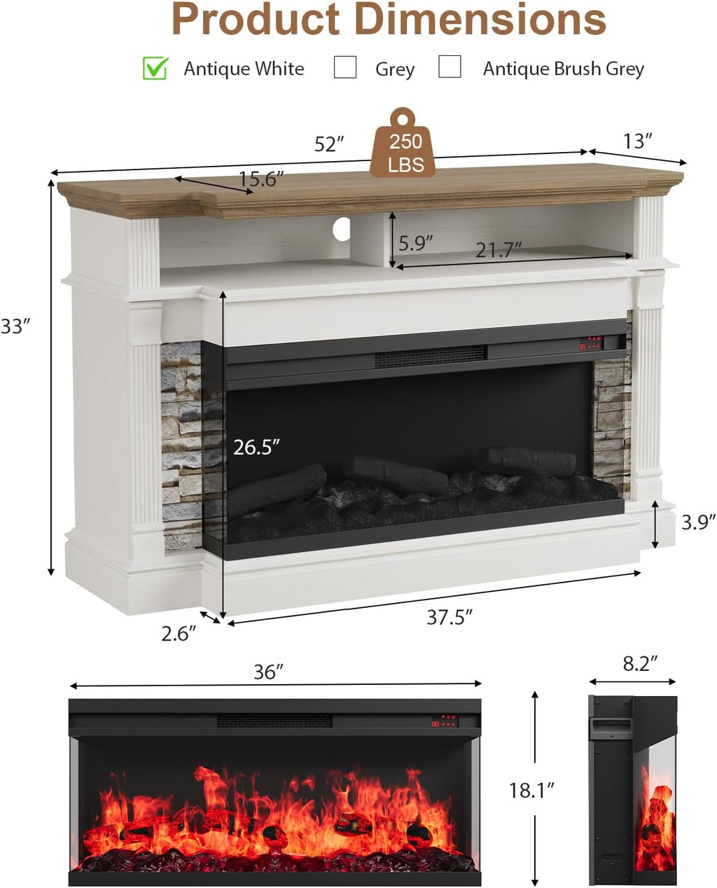 QUW Fireplace TV Stand for TVs up to 65", Farmhouse 52" Fireplace Entertainment Center with 36" 3-Side Glass Electric Fireplace, TV Console with Open Storage Shelves for Living Room, Antique White