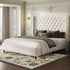 King Size Bed Frame, Upholstered Platform Bed with 62" Tall Wingback Headboard, Velvet Modern Luxury Design, No Box Spring Needed, Easy Assembly, Noise Free, Beige