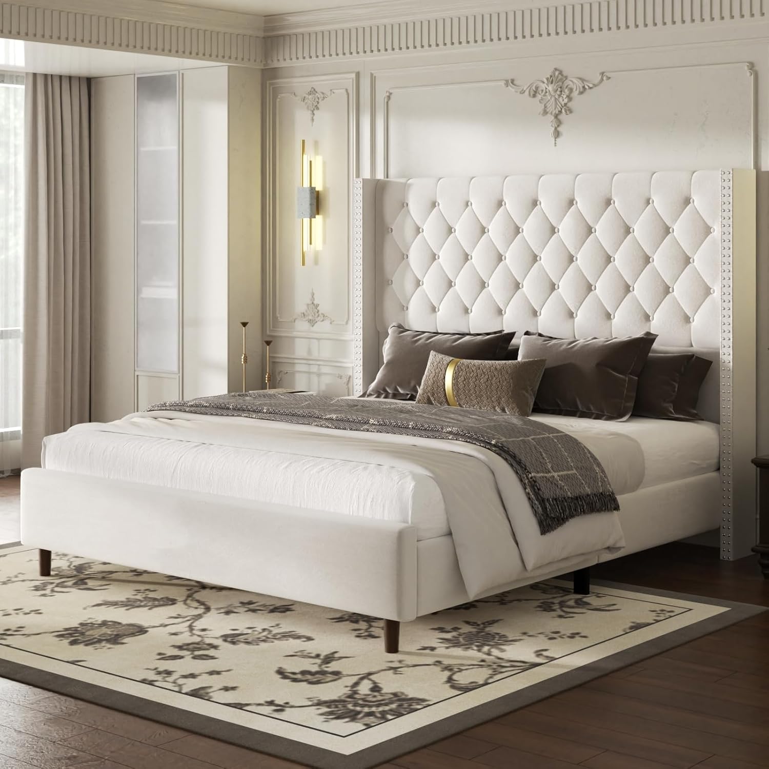 King Size Bed Frame, Upholstered Platform Bed with 62" Tall Wingback Headboard, Velvet Modern Luxury Design, No Box Spring Needed, Easy Assembly, Noise Free, Beige