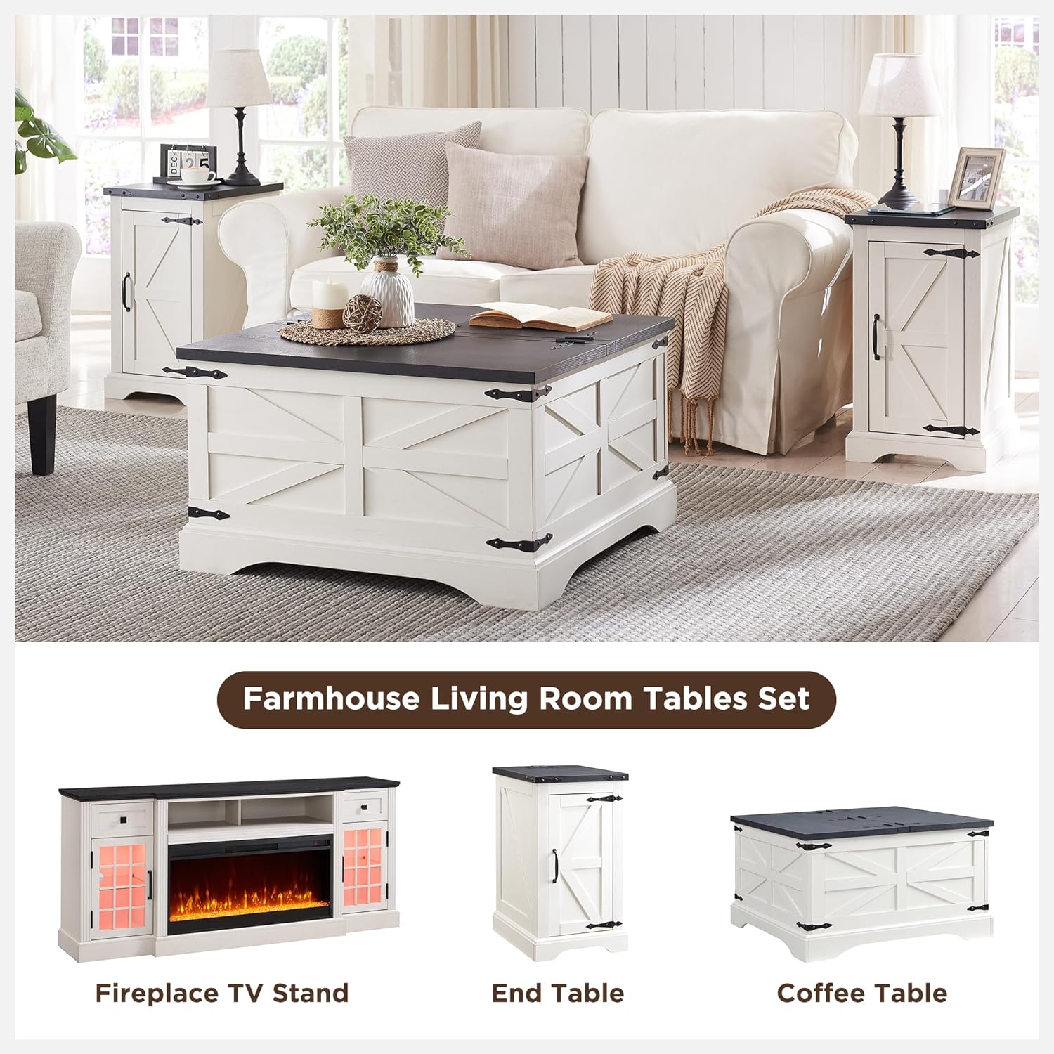 JXQTLINGMU 3-Piece Farmhouse Coffee Table and End Table Sets, Includeds 36" Lift Top Square Coffee Table w/Storage & 2 Rustic Wood End Tables w/Charging Station & Barn Doors for Living Room(White)