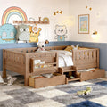 Bellemave Twin Bed with Storage Drawers & Bookshelf, Low Profile Kids Bed Frame with Staircase & Full Length Guardrails, Solid Wood Twin Bed for Kids with Slats Load 300LBS, Easy Assembly, Oak Brown