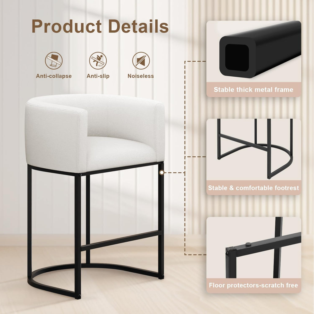 26" H Counter Height Bar Stools Set of 4, Modern Barrel Counter Stools with Backrest and Arms, Linen Fabric Upholstered Accent Barstools for Kitchen Island,Support 450 LBS (White)