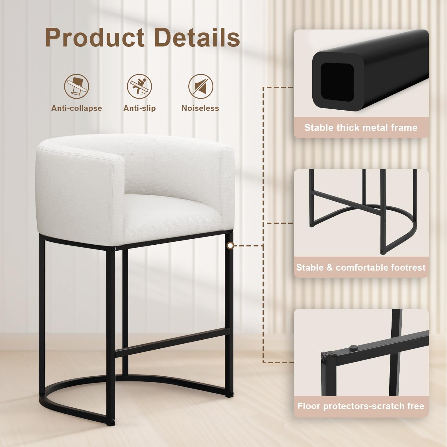 26" H Counter Height Bar Stools Set of 4, Modern Barrel Counter Stools with Backrest and Arms, Linen Fabric Upholstered Accent Barstools for Kitchen Island,Support 450 LBS (White)