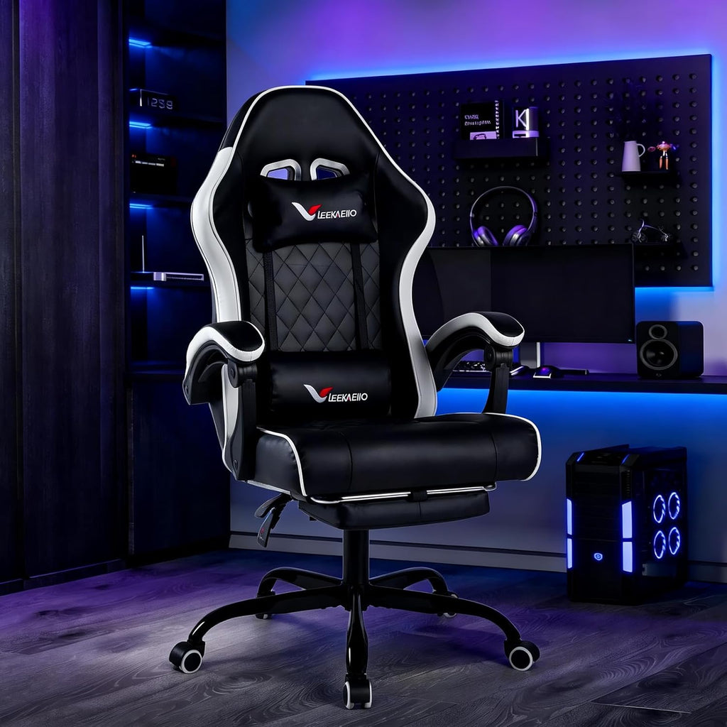 Gaming Chair for Adults, Computer Chair with Footrest and Pocket Spring Cushion,Comfortable Ergonomic Video Game Chair with Lumbar Support and Headrest for Office Home (White)