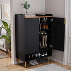 Modern Shoe Storage Cabinet, 7-Tiers Black Shoes Cabinet with Fluted Doors, 45 inch Tall Wooden Shoe Organizer with 4 Adjustable Shelves, Storage Cabinet for Entryway, Hallway, Front Door