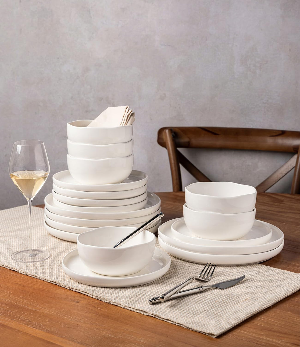TheTerra Ceramic Dinnerware Sets, Handmade Reactive Glaze Plates and Bowls Set, Scratch Resistant Dish Set, Oven & Microwave & Dishwasher Safe, Bright White