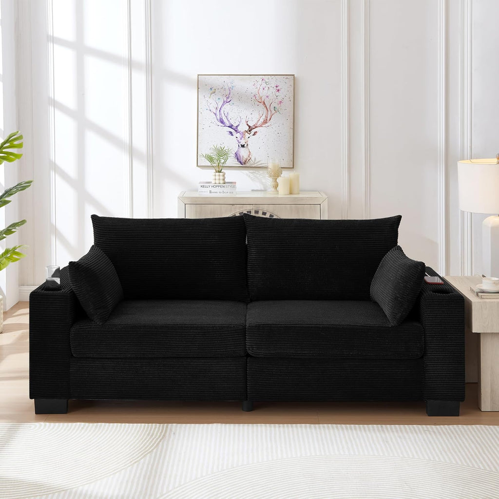 Anwick 78" Corduroy Small Couches for Living Room, Modern Upholstered Loveseat Sofa with USB & Cup Holders, Side Pocket, Soft Deep 2-Seater Sofa Couch for Living Room Bedroom Office Apartment (Black) | USB, Cup Holders, Side Pocket