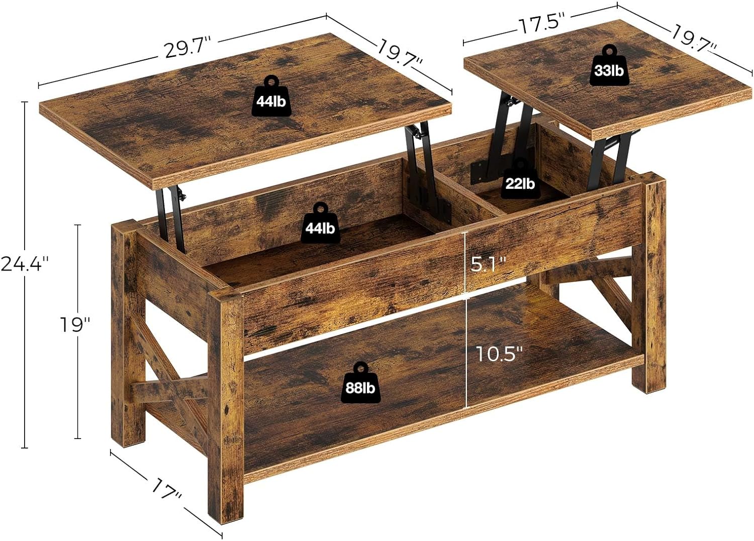 Rolanstar Coffee Table 47.2", 2 Way Lift Top with Hidden Compartment, Lift Top Coffee Table with Open Shelf & X Wooden Support, Center Table for Living Room, Rustic Brown