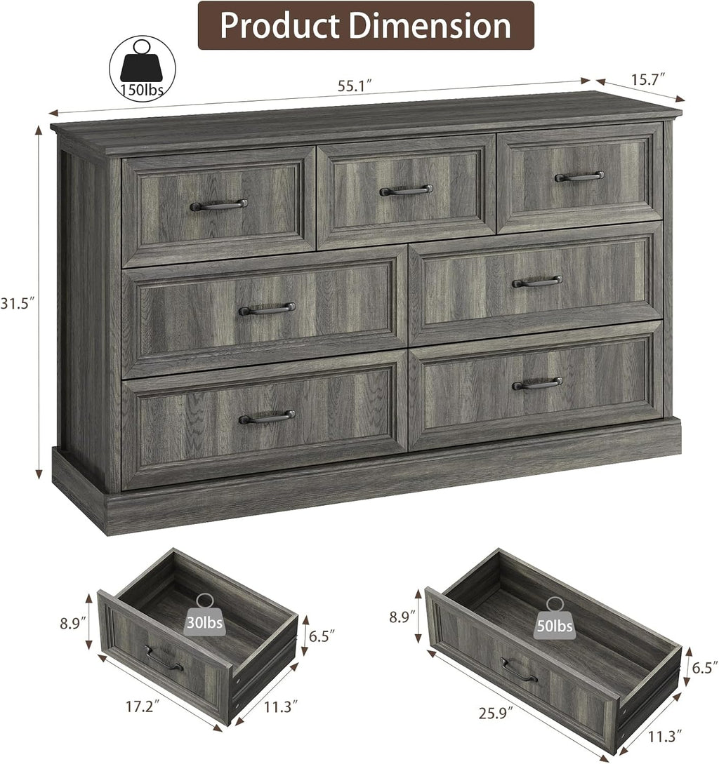 CARPETNAL Farmhouse 7 Drawer Dresser for Bedroom, 55 Inch Wide Modern Grey Dresser TV Stand with Large Drawers & Bar Handles, Rustic Wood Chest of Drawers for Bedroom, Living Room, Hallway, Entryway.