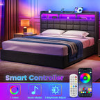 Lift Up King Size Bed Frame with Storage, Upholstered King Bed Frame with Charging Station and LED Lights Headboard, No Box Spring Needed, Easy Assembly - Dark Grey