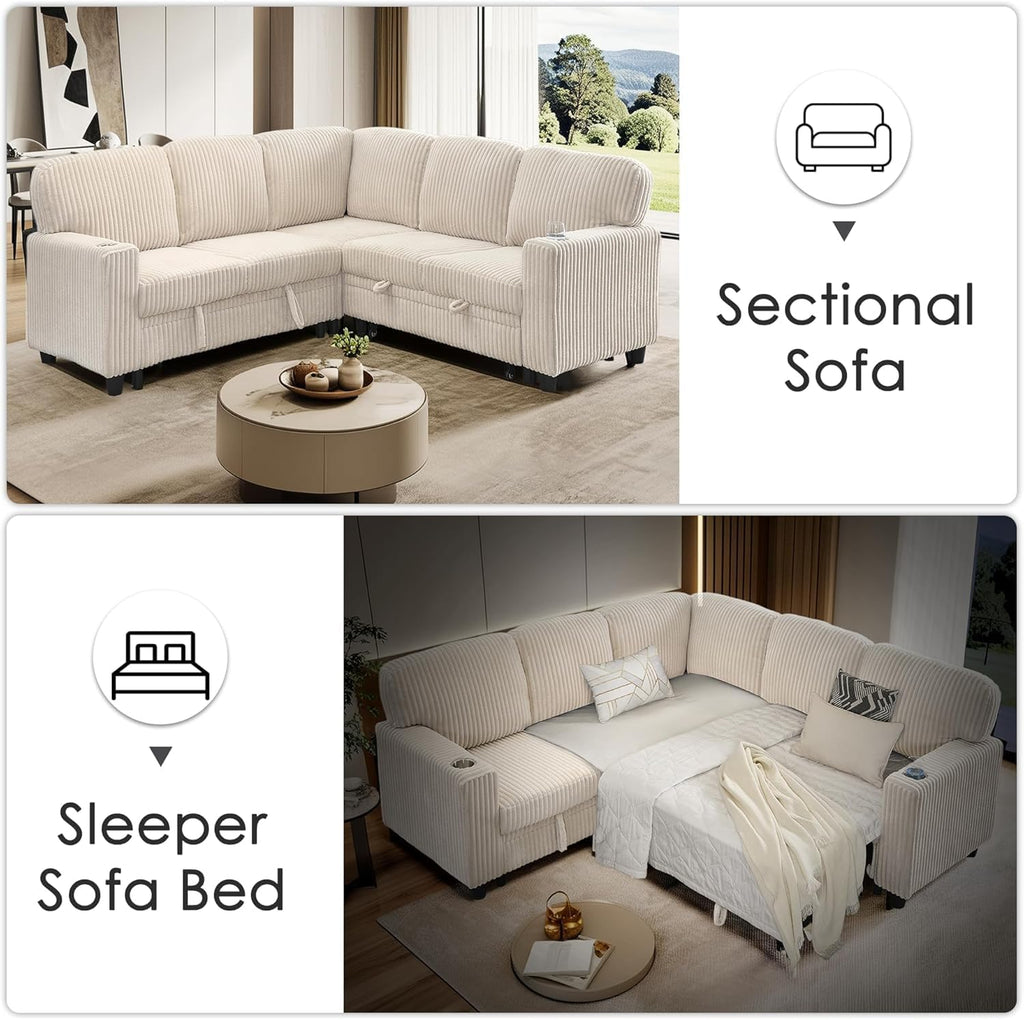 81" Modular Sectional Sofa, L Shaped 5-Seater Sleeper Sofa with Pull Out Bed, Hidden Storage, Cup Holders & USB Charging Ports, Sectional Couches for Living Room, Corduroy, Beige