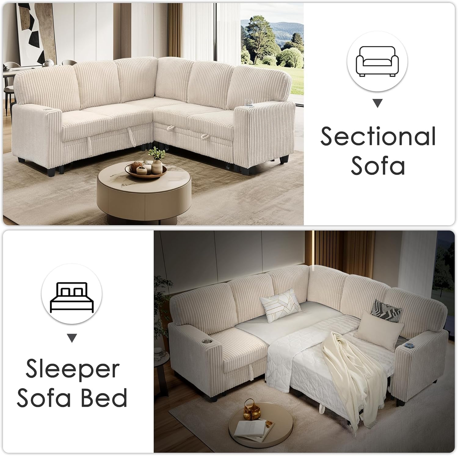 81" Modular Sectional Sofa, L Shaped 5-Seater Sleeper Sofa with Pull Out Bed, Hidden Storage, Cup Holders & USB Charging Ports, Sectional Couches for Living Room, Corduroy, Beige