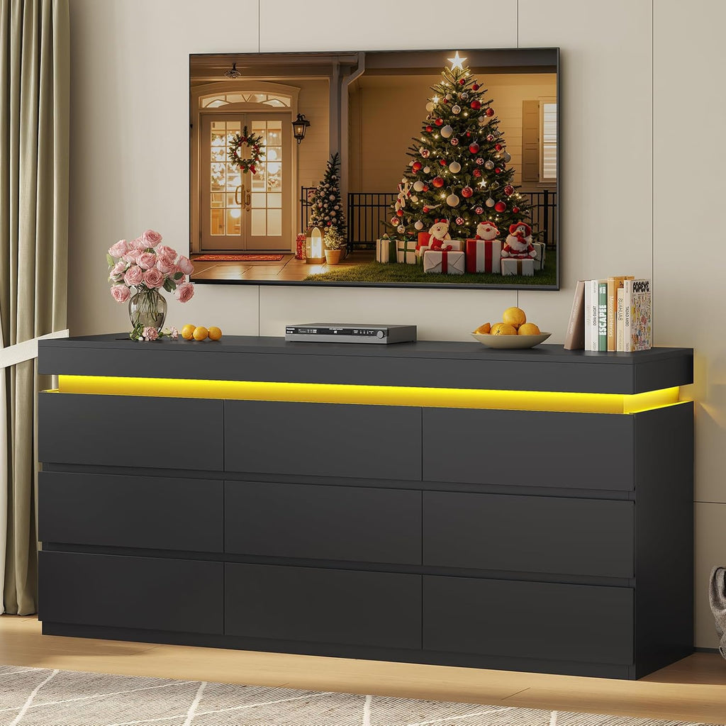 9 Drawer Dresser with LED Light, Black Modern Chest of Drawers for Bedroom,Long Dresser with Drawers for Living Room, Entryway, Hallway